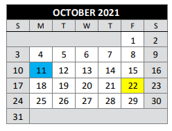 District School Academic Calendar for Bexar County Juvenile Justice Acad for October 2021