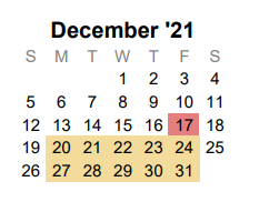 District School Academic Calendar for Collin Co J J A E P for December 2021