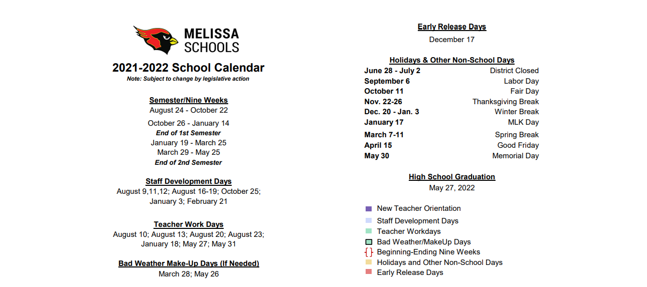 District School Academic Calendar Key for Melissa Middle School