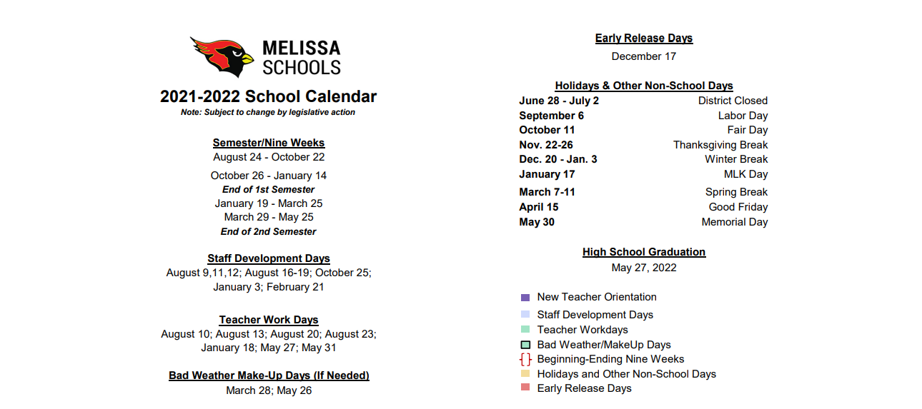 District School Academic Calendar Key for Melissa Ridge Elementary