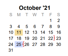 District School Academic Calendar for Melissa Ridge Elementary for October 2021