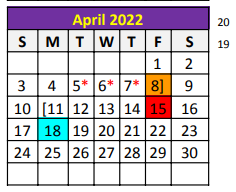 District School Academic Calendar for Taylor County Learning Center for April 2022