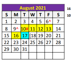 District School Academic Calendar for Tye Elementary for August 2021