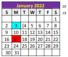District School Academic Calendar for Taylor County Learning Center for January 2022