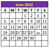 District School Academic Calendar for Tye Elementary for June 2022