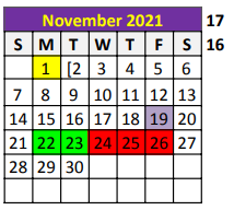 District School Academic Calendar for Taylor County Learning Center for November 2021