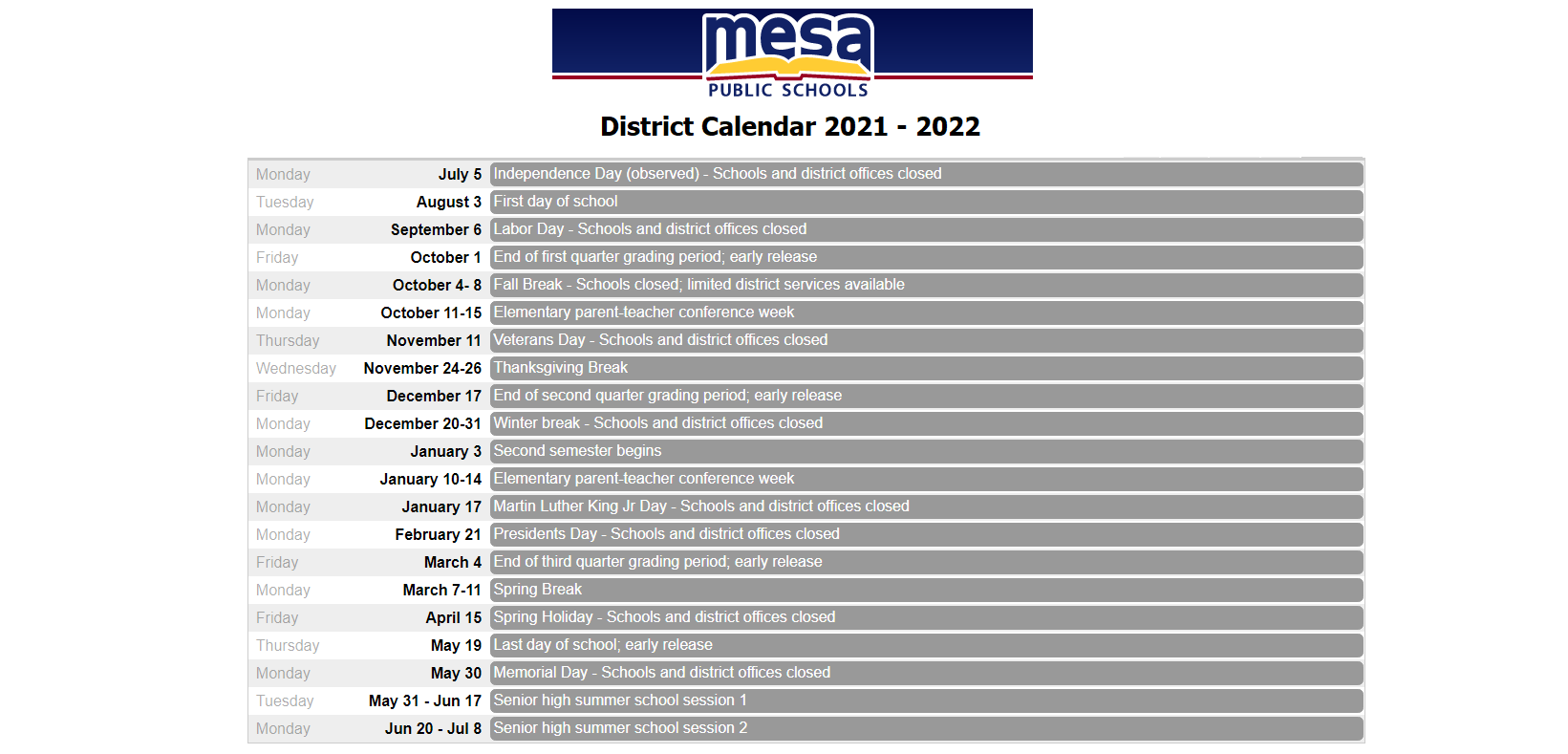 District School Academic Calendar Key for East Mesa Early Childhood Education Center