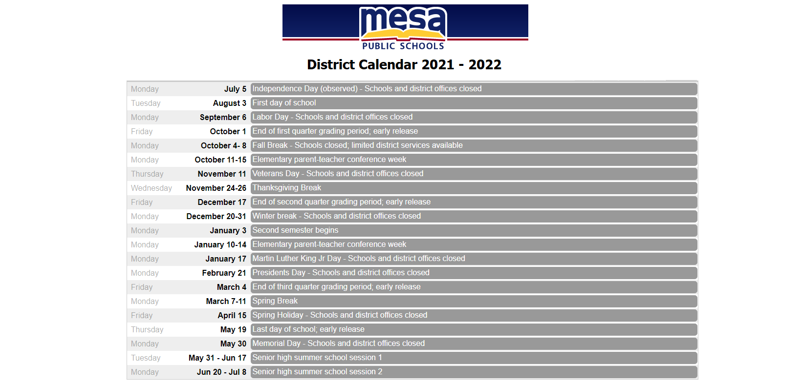 District School Academic Calendar Key for Franklin Northeast School