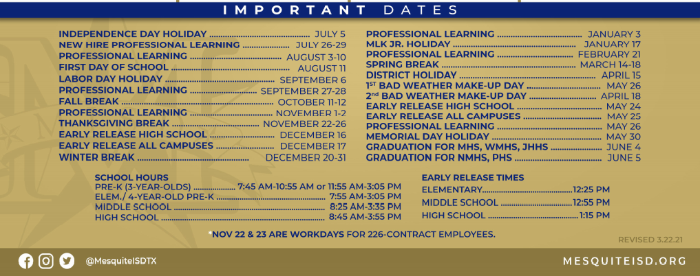 District School Academic Calendar Key for Mesquite Academy