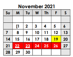District School Academic Calendar for Mexia School Of Choice for November 2021