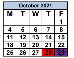 District School Academic Calendar for Aspira Eugenio Maria De Hostos Charter for October 2021