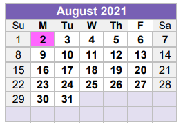 District School Academic Calendar for Long Elementary for August 2021