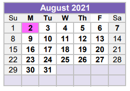 District School Academic Calendar for Carver Center for August 2021