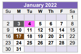 District School Academic Calendar for Parker Elementary for January 2022