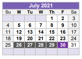 District School Academic Calendar for Culver Youth Home for July 2021