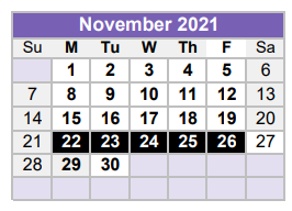District School Academic Calendar for De Zavala Elementary for November 2021