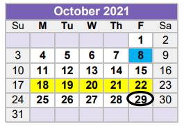 District School Academic Calendar for Culver Youth Home for October 2021