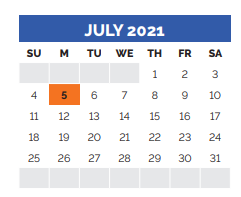 District School Academic Calendar for Irvin Elementary for July 2021