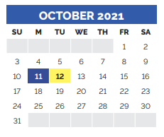 District School Academic Calendar for Walnut Grove Middle School for October 2021