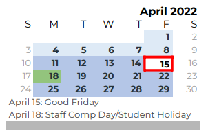 District School Academic Calendar for South Bosque Elementary for April 2022