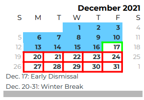 District School Academic Calendar for Woodway Elementary for December 2021