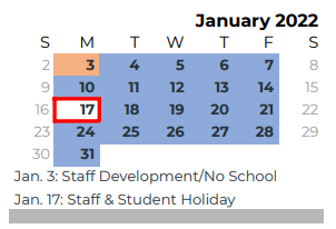 District School Academic Calendar for Speegleville Elementary for January 2022