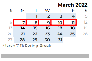 District School Academic Calendar for Speegleville Elementary for March 2022