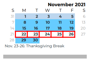 District School Academic Calendar for Speegleville Elementary for November 2021