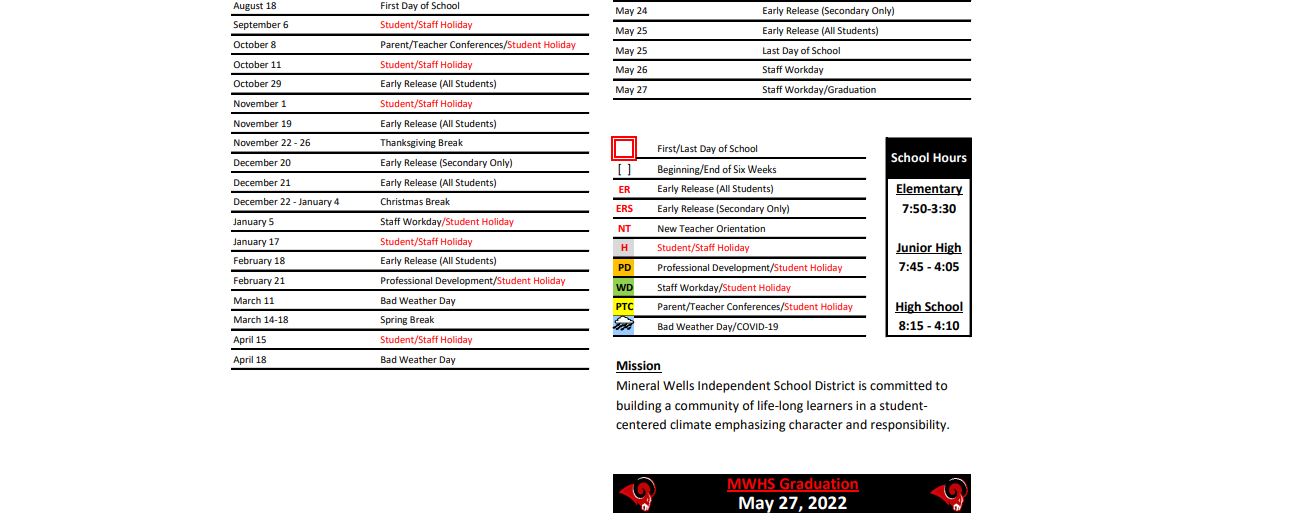 District School Academic Calendar Key for Mineral Wells J H