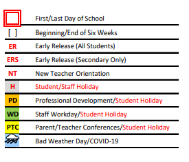 District School Academic Calendar Legend for Houston Elementary