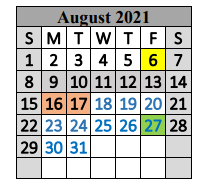 District School Academic Calendar for Special Ed Services for August 2021