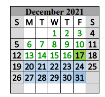 District School Academic Calendar for Special Ed Services for December 2021