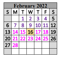 District School Academic Calendar for Special Ed Services for February 2022