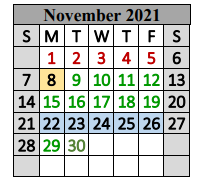 District School Academic Calendar for Special Ed Services for November 2021