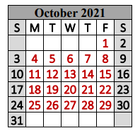 District School Academic Calendar for Special Ed Services for October 2021