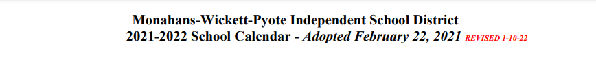 District School Academic Calendar for Monahans Ed Ctr