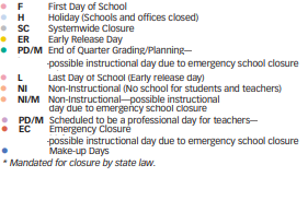 District School Academic Calendar Legend for Wood Acres Elementary