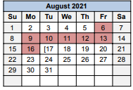 District School Academic Calendar for Moody Middle for August 2021