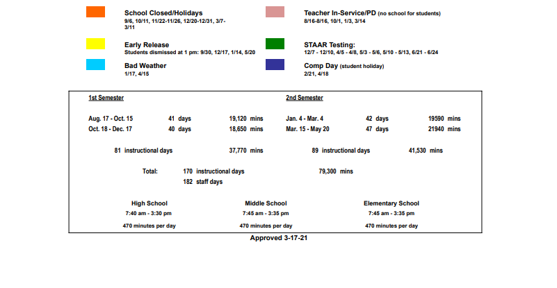 District School Academic Calendar Key for Moody Elementary