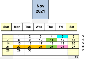 District School Academic Calendar for Diablo Day Community for November 2021