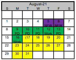 District School Academic Calendar for Watson Junior High for August 2021