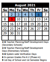 District School Academic Calendar for Veterans Memorial Middle School for August 2021