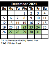 District School Academic Calendar for Early College Academy Of Columbus for December 2021