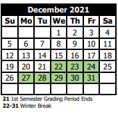 District School Academic Calendar for Shaw High School for December 2021