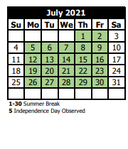 District School Academic Calendar for Hannan Elementary for July 2021