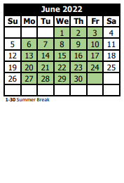 District School Academic Calendar for Shaw High School for June 2022