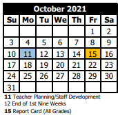 District School Academic Calendar for Double Churches Elementary School for October 2021