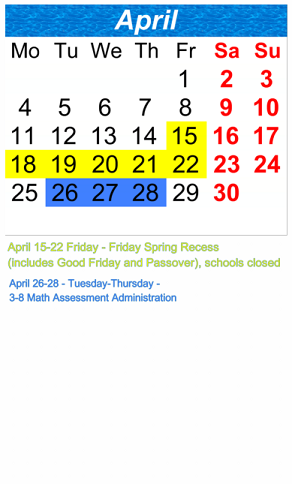 District School Academic Calendar for High School For Law, Advocacy And Community Justic for April 2022