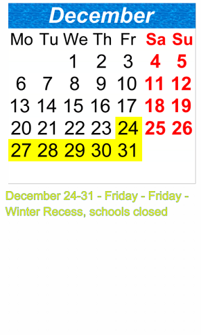 District School Academic Calendar for Bronx High School - Law & Community Services for December 2021