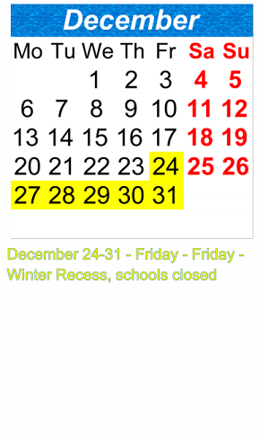 District School Academic Calendar for Benjamin N. Cardozo High School for December 2021